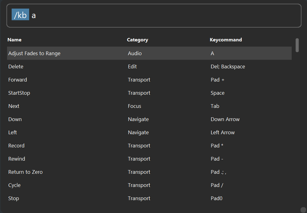 KC_SLASH_COMMAND_KB_v2 Displaying the results of /kb feature filtering commands with key combo's assigned.