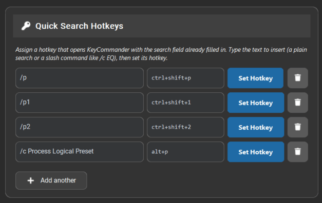 Quick_Search_Hotkeys_V1 The quick search hotkey feature inside settings allowing you to assign a key combo to a prefilled search window.